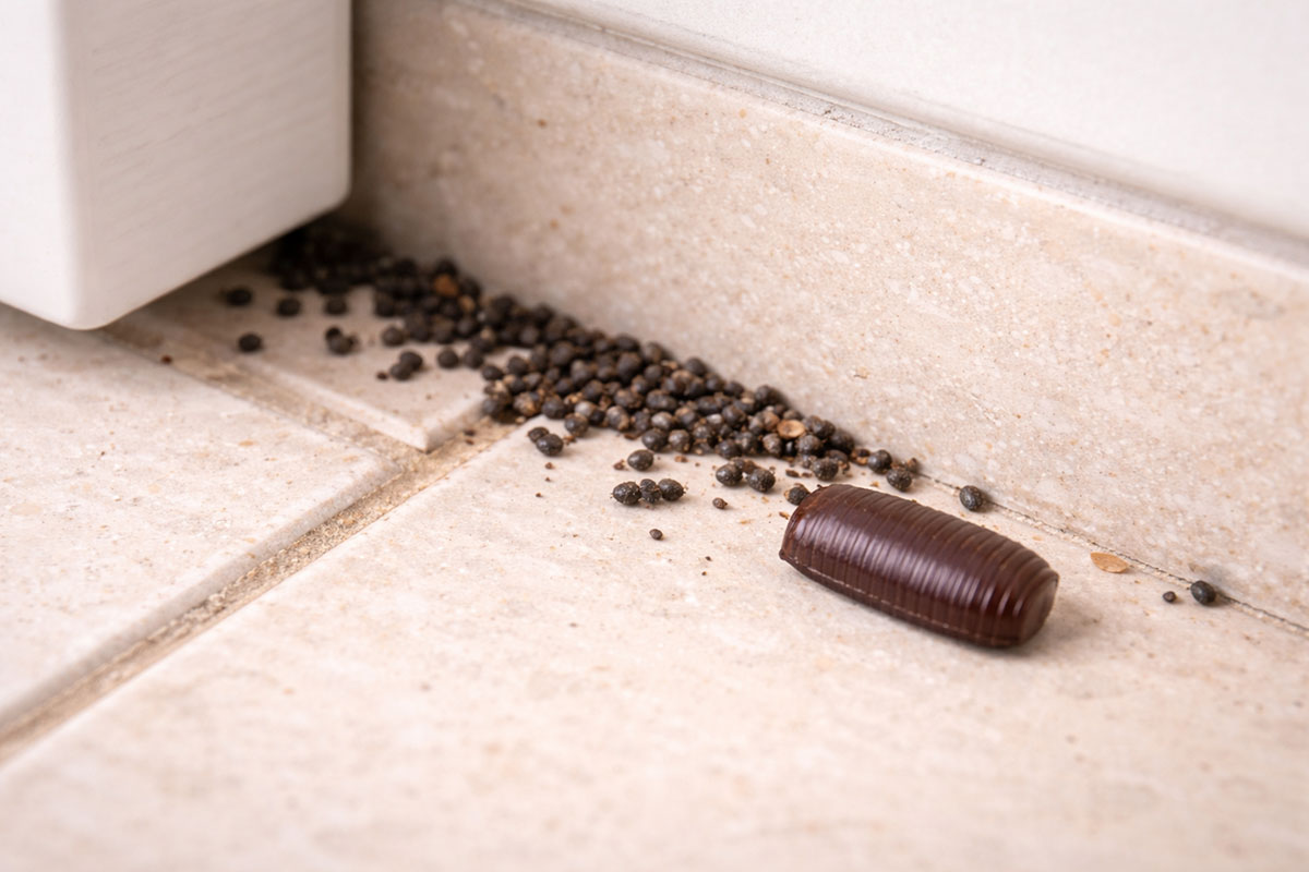 Segnali di infestazione da blatte: escrementi e ooteca sotto lavello cucina